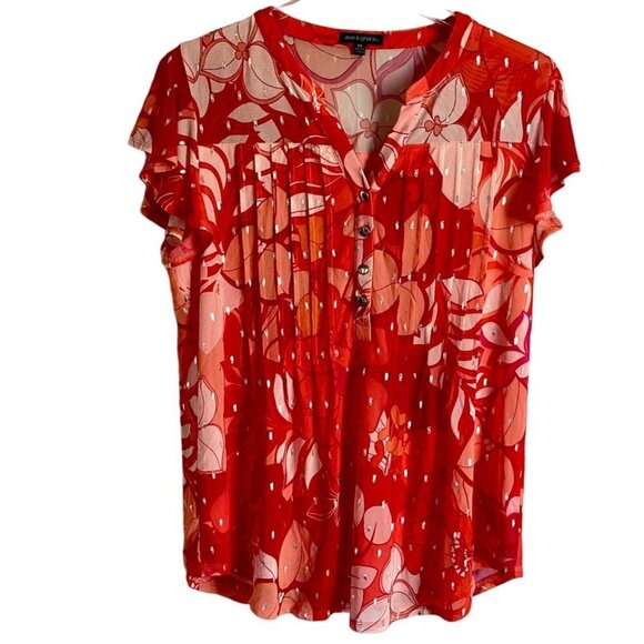 Ava & Grace Short Sleeve Quarter Button Lined Pink Orange Floral Top Women's Med - Picture 1 of 10